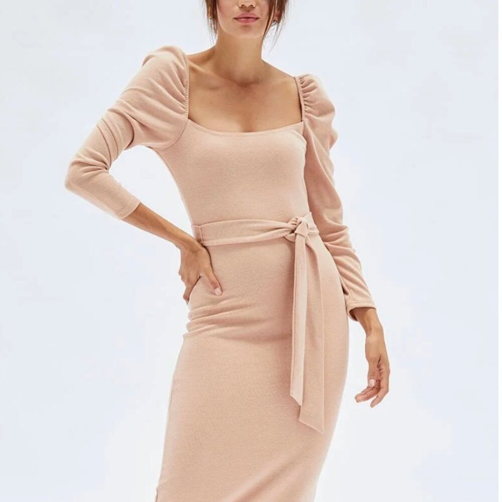 NWT MINKPINK Blush Knitted Gigot Sleeve Midi Dress - XSMALL